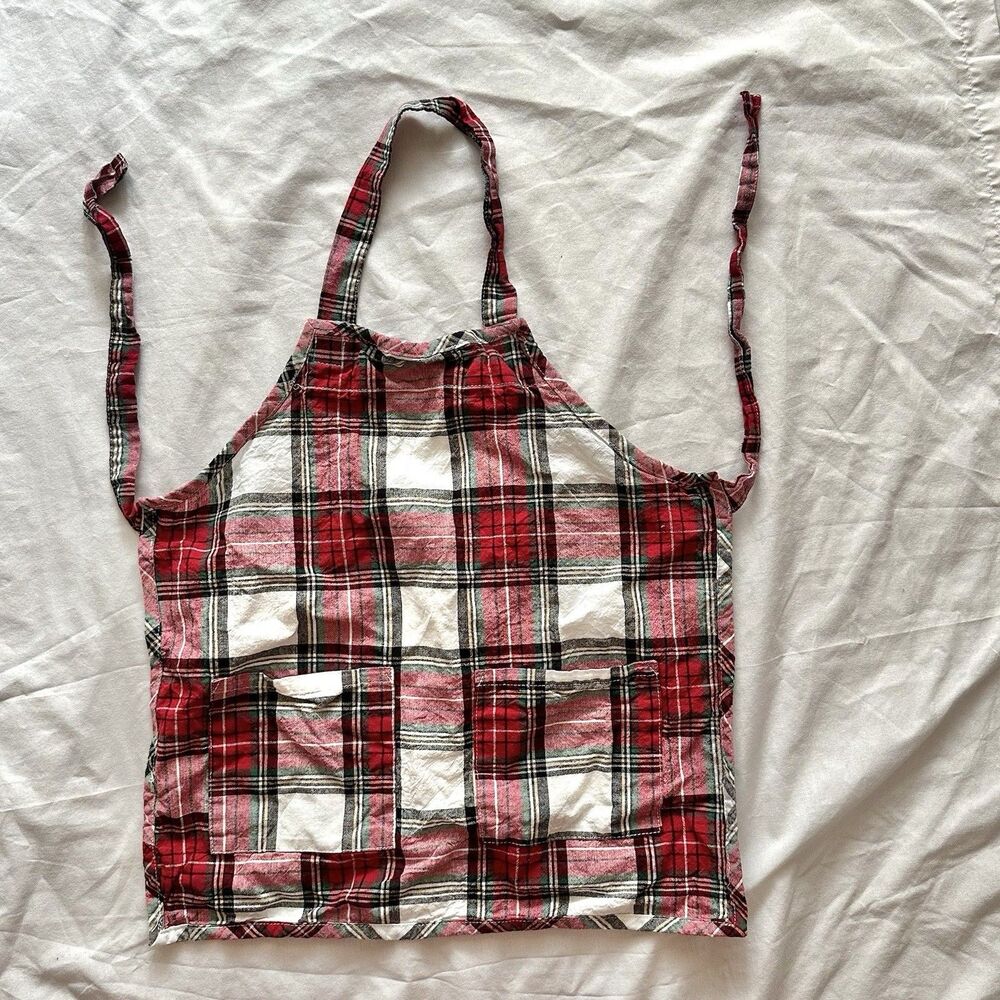 Pottery Barn Kids Plaid Apron Pockets Cotton White Red Playtime Cooking Kitchen